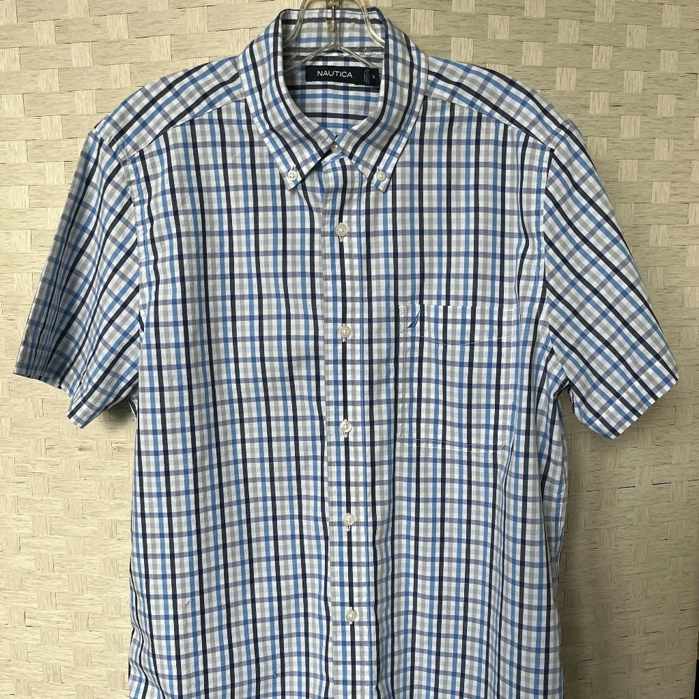 Nautica White, Navy, Gray and Blue Button-Down Plaid Shirt, Men's M, Cotton